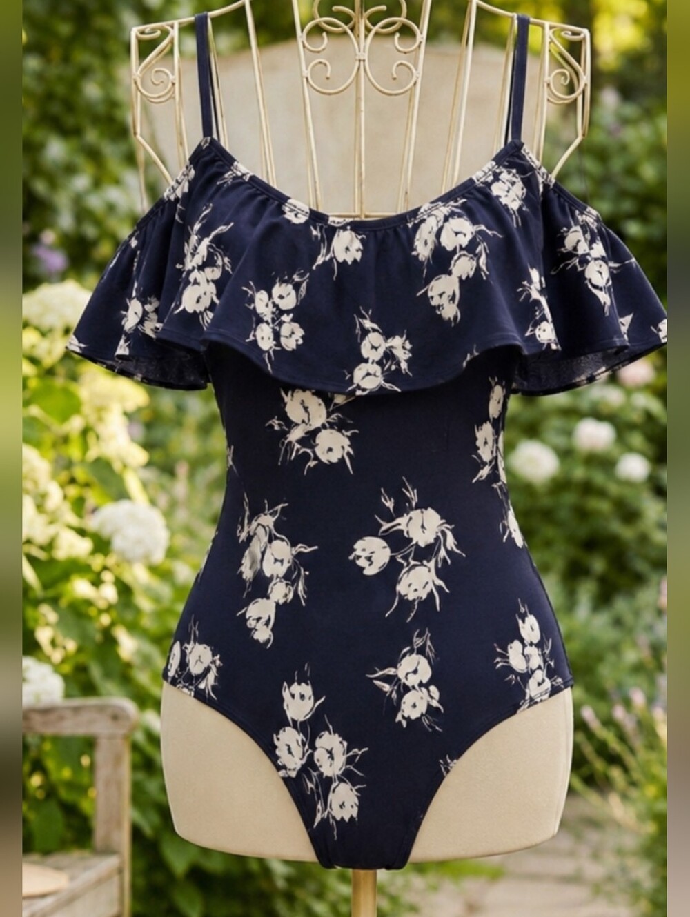 DNA couture Navy Floral Off-Shoulder Ruffle Bodysuit Pit 25